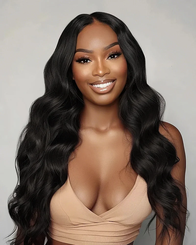 Body Wave Natural Black 13x4 Lace Front Human Hair Wig With Bleached Knots