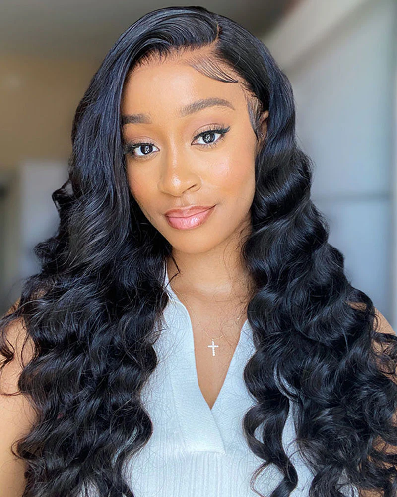 Loose Wave Natural Black 13x4 Lace Front Human Hair Wig with Breathable Cap Free Parting