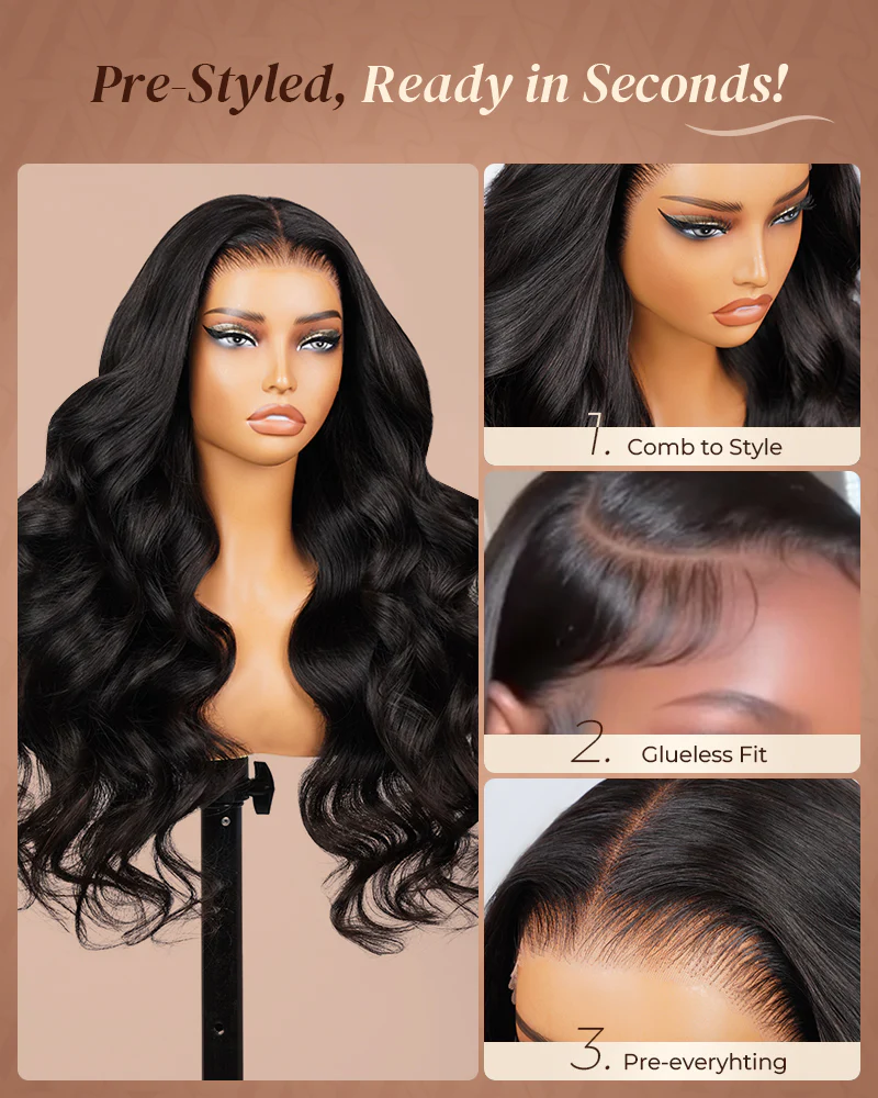 Pure-Luxe™ Body Wave Natural Black Easy Wear Glueless 13x6 5X5 9X6 Ultra-Dense Human Hair Wig Pre-Cut Lace