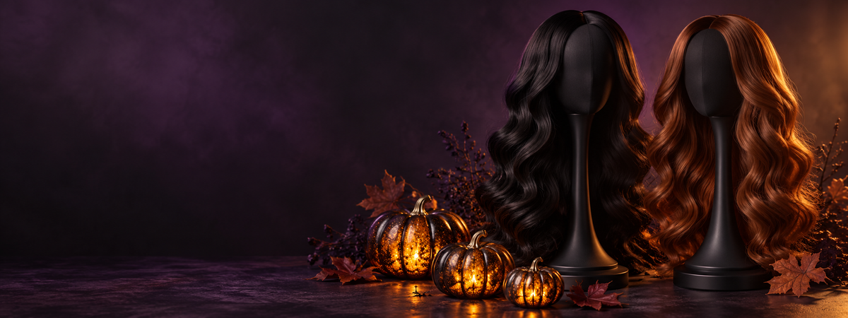 ChaoFaHair Halloween campaign with black and copper wig displays and glowing pumpkins. AI-generated seasonal artwork.1621243260e1af0c20-0