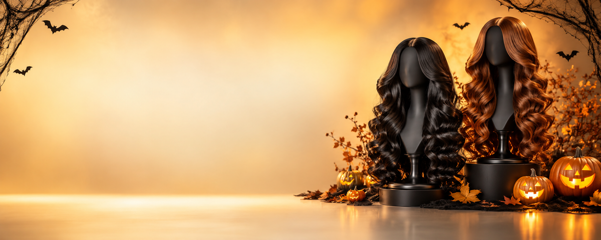 ChaoFaHair Halloween still life with black and copper wig display stands, pumpkins and a warm amber background. AI-generated seasonal artwork.slider_item_RBrBhf